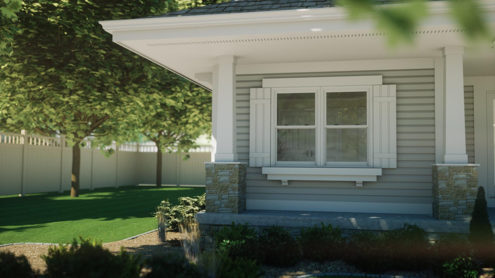 CGI image of a sunny white home with beautiful window