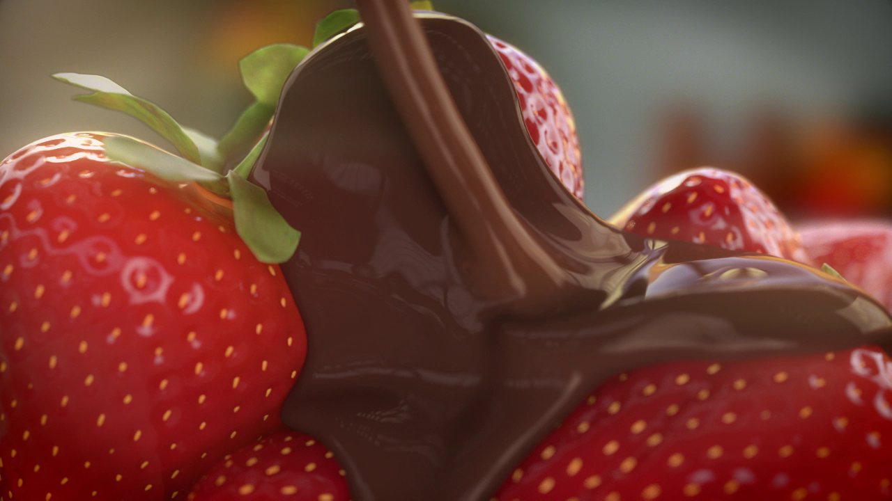 3D image of chocolate being poured on top of strawberries